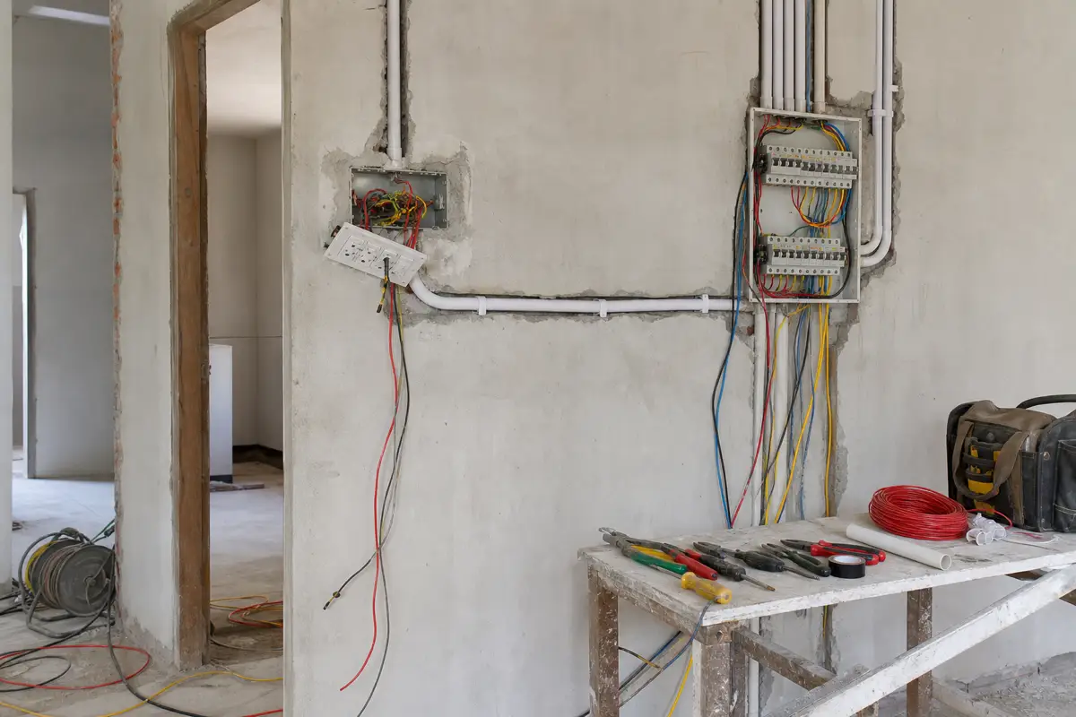 House wiring installation in Nawada Bihar with conduit and cables on wall